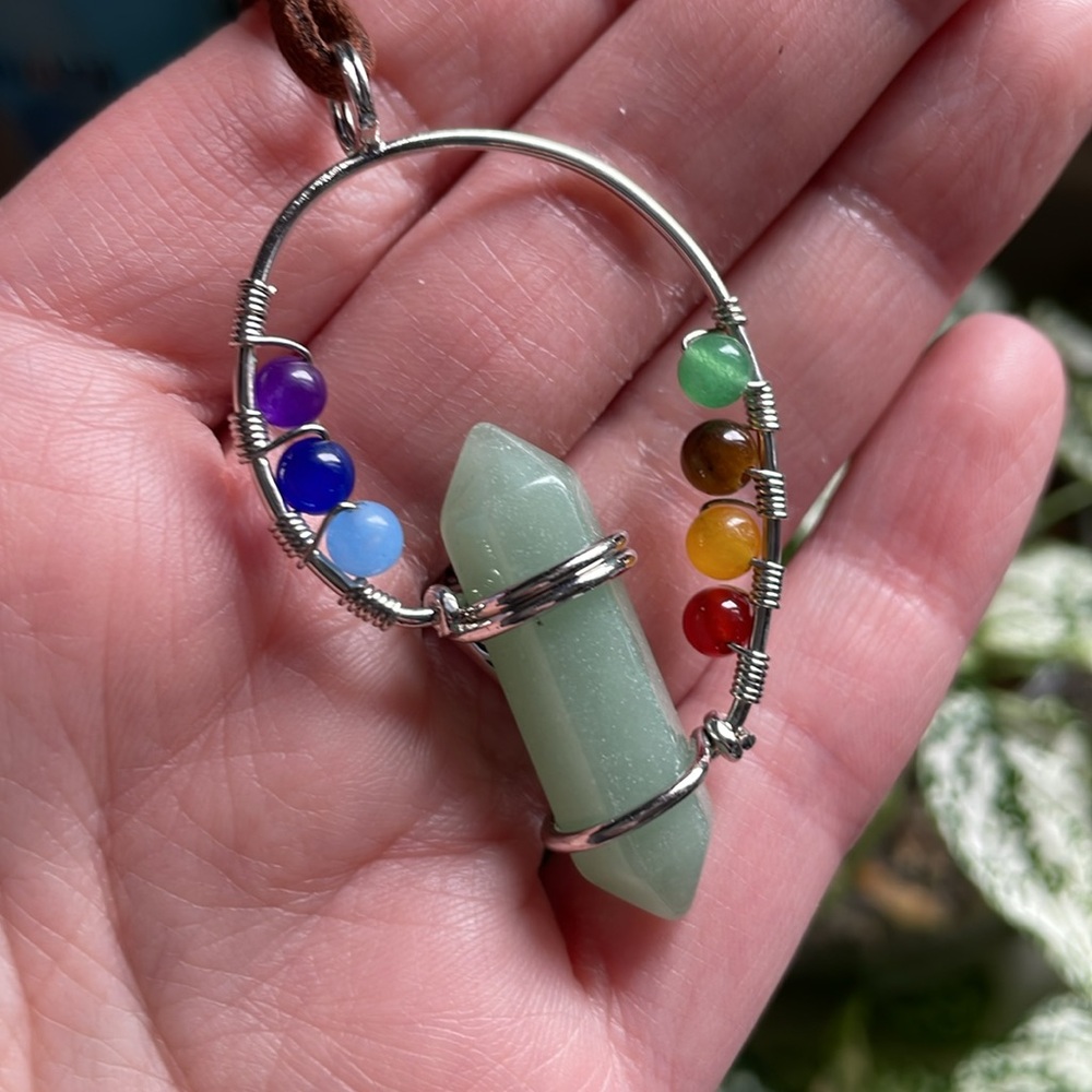 Green aventurine point chakra gemstones Fibonacci spiral yoga pendant necklace